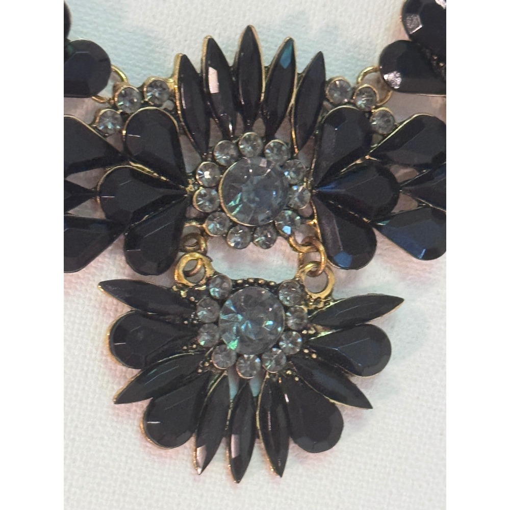 Black Floral Statement Bib Necklace Gold Tone Rhinestone Gothic Glam Runway 18" - Picture 9 of 11